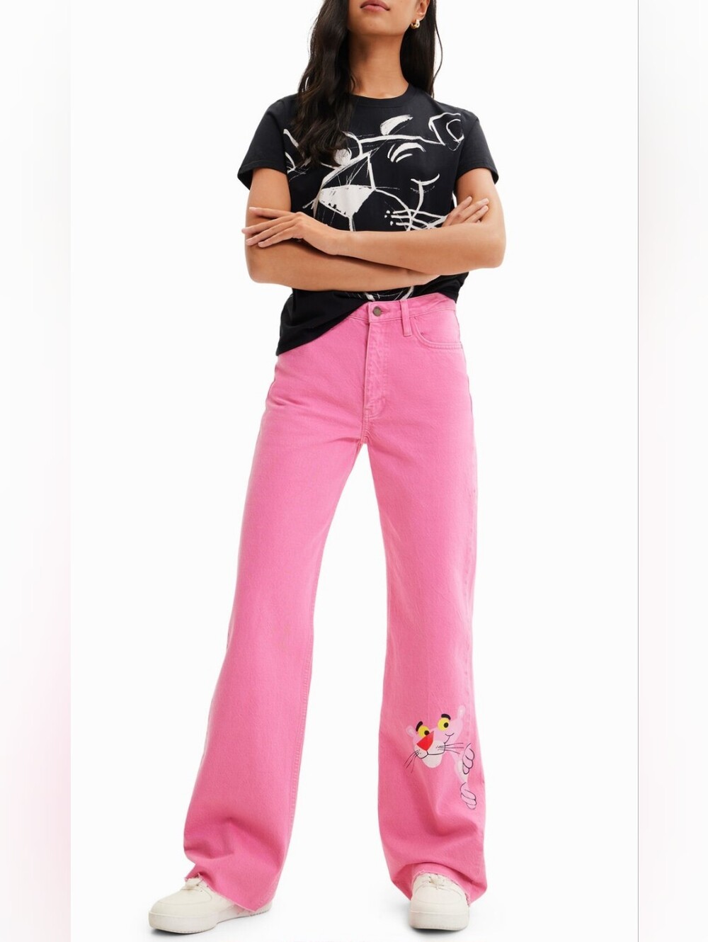 DESIGUAL | Women's Pink Panther High-Waisted Frayed Hem Wide Leg Jeans